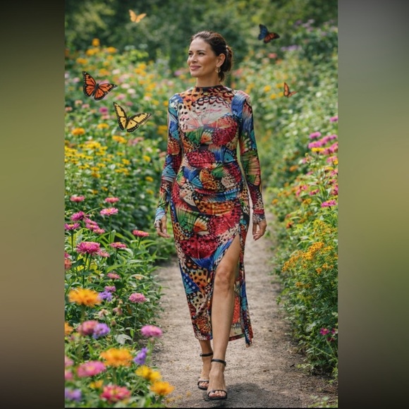 FARM Rio Dresses & Skirts - Anthropologie NWT Farm Rio Long-Sleeve Mock- Neck Mesh Slim Midi Dress size XL.